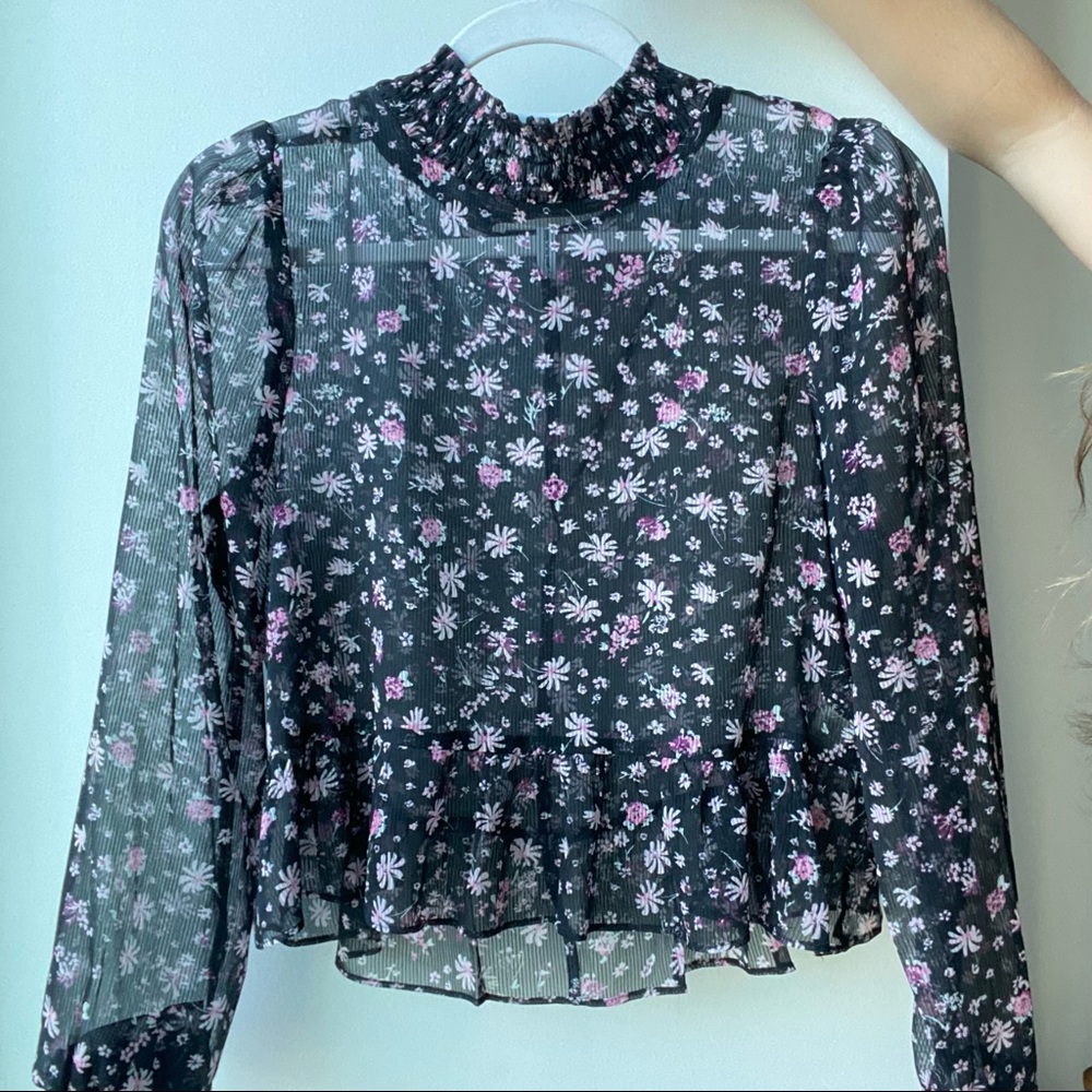 Black Floral Blouse by BCBGeneration. Size Small. Long Sleeve Sheer Blouse.